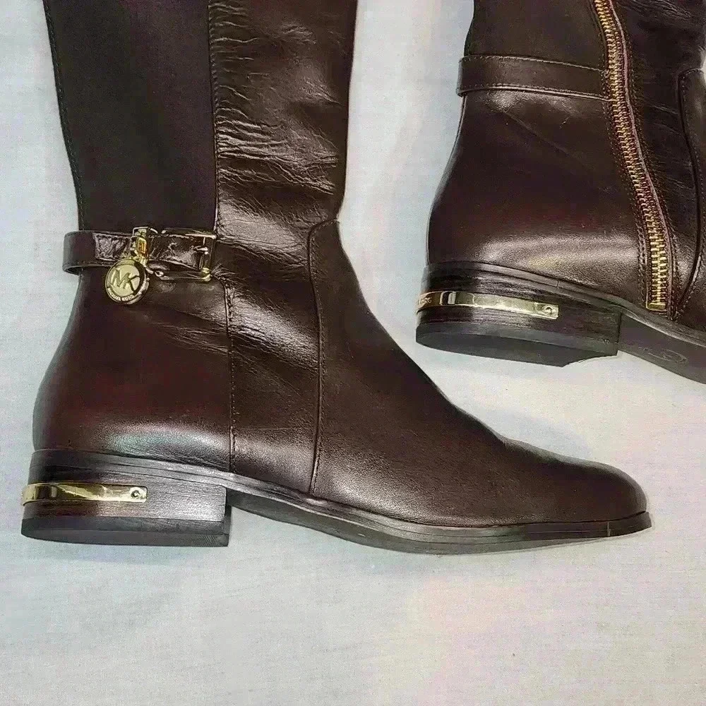 MICHAEL KORS WOMEN'S BROWN AND GOLD RIDING BOOTS NWOB